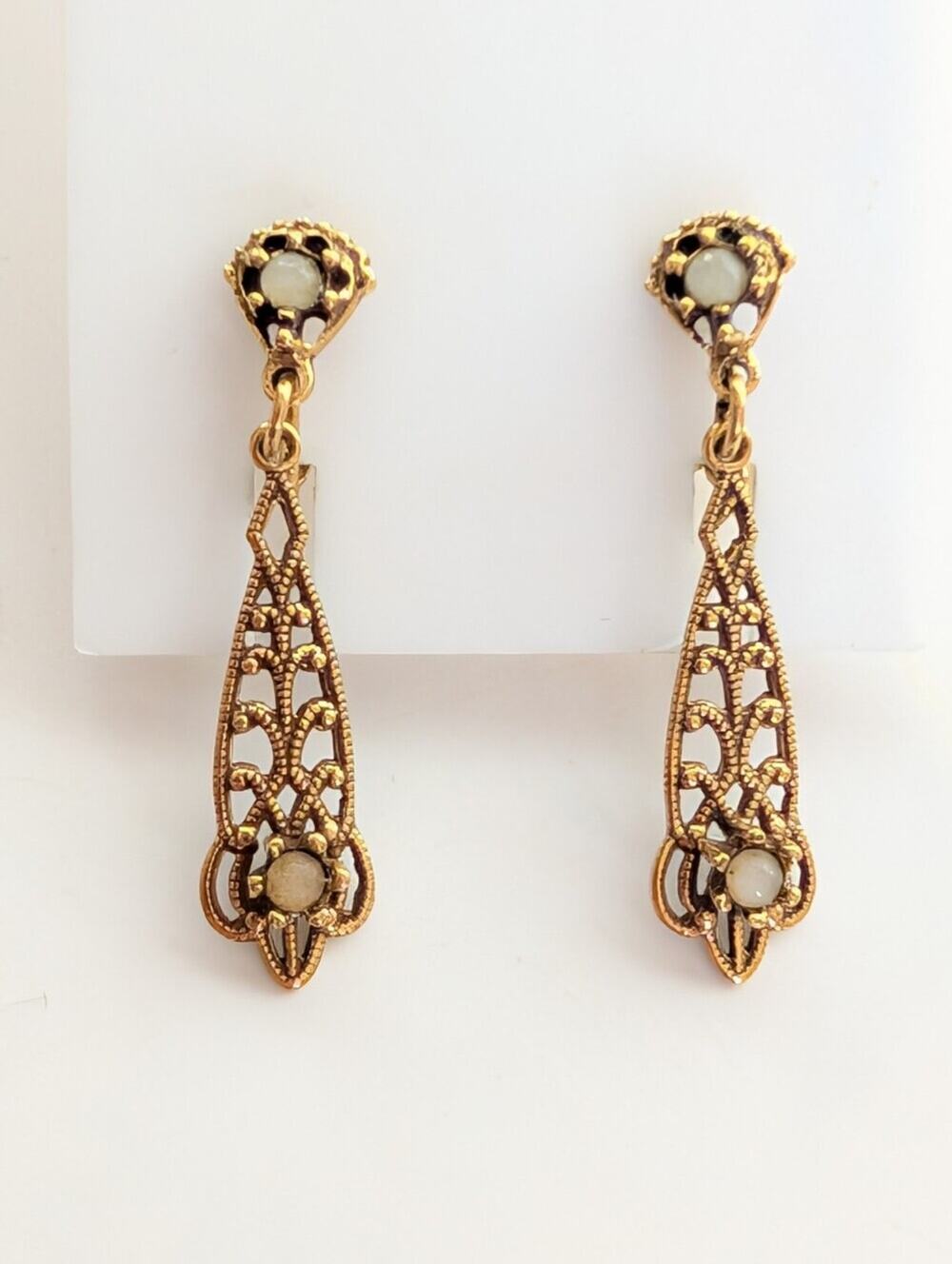 Vintage Antique Gold Tone Filigree Art Deco Faux Pearl Dangle Clip On Earrings